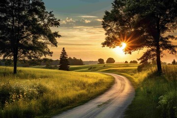 Obraz premium Winding country road through sun-drenched fields, flanked by tall grasses and wildflowers 