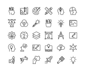 Art and creativity thin line icons set. creative, graphic, drawing, design, brain, brainstorming. editable stroke outline icon.  isolated on white background. vector illustration.