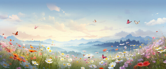 Captivating gradient meadow filled with wildflowers and butterflies, presenting the cutest and most...