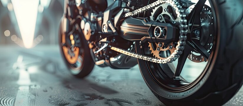 A detailed view of a motorcycles rear chain and brake disk. The metal chain is tightly wrapped around the sprocket, ready for transmission. The brake disk shows signs of wear and tear, indicating