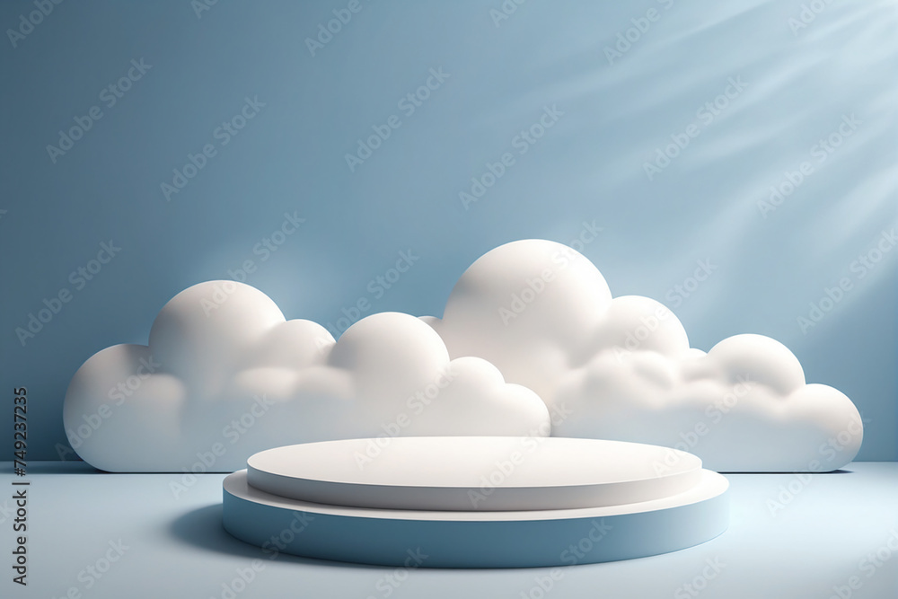 Wall mural Cloud background podium blue 3d product sky white display platform render abstract stage pastel scene. Podium stand light minimal cloud background studio dreamy pedestal