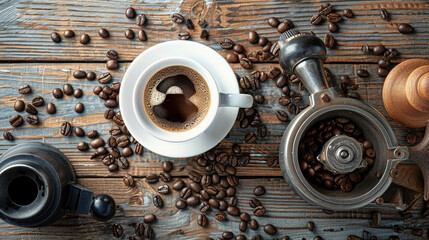 Aerial View of Coffee Cup and Beans
