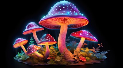 Fantasy glowing mushrooms in mystical forest.