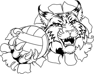 A wildcat cougar lynx lion volleyball animal sports mascot holding a volley ball in his claw