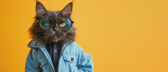 Funny animal pet photography - Cool black cat with sunglasses and blue jeans jacket, isolated on yellow background banner