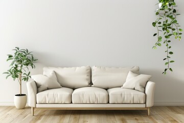 Modern minimalist living room with comfortable white sofa and green plant in wicker pot