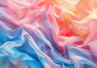 Obraz premium Soft Pastel Fabric Waves Abstract Background Digital illustration of silky fabric folds in pastel pink and blue hues, creating a serene and fluid abstract background. 