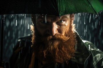 Bearded man under green umbrella in the rain. Dramatic portrait with copy space.