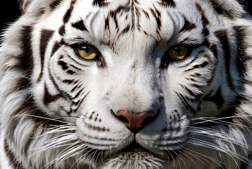 Intense gaze of white tiger, serious look. Close-up of white wild tiger face, highlighting its piercing green eyes, endangered species. Nature animal wildlife concept. Copy ad text space. Generate Ai
