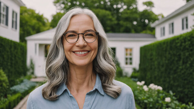 Portrait of smiling mature woman with long grey hair wearing spectacles standing in the garden, white american townhouse with greenery and plants in background, suburb, copy space, design template