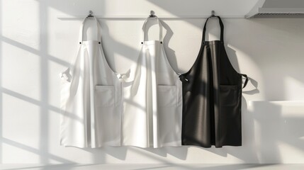 Black and white aprons with pockets on grey background.