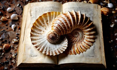 A large seashell rests on an open antique book amidst smaller shells, evoking a sense of marine discovery. The text and aged pages complement the oceanic treasures, merging literature with natural