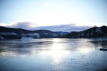 Partly frozen Titisee, the lake in Freiburg, Germany