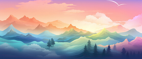 Charming gradient landscape featuring rolling hills and a rainbow sky, evoking the most adorable...
