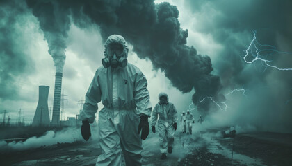 radiation accident at a nuclear power plant, explosion in a reactor. Scientists run in protective gear.
