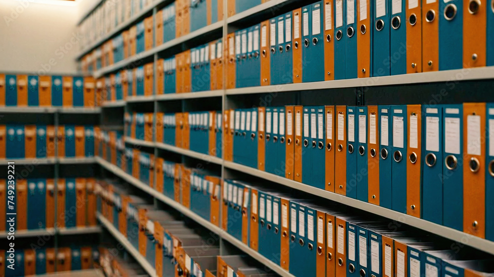 Aufkleber row of office binders in a row, shallow depth of field