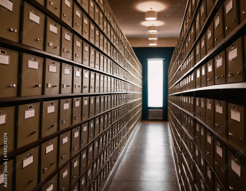 Poster a row of filing cabinets with an open door in the background.