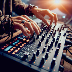 Close up of male hands mixing music on midi controller in nightclub