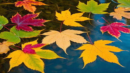 Naklejka na ściany i meble Autumn maple leaves on the water surface. Colorful autumn background