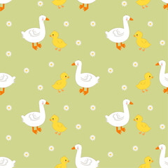 Seamless pattern with ducks, duckling and flowers. Kids vector illustration, cartoon, flat style.
