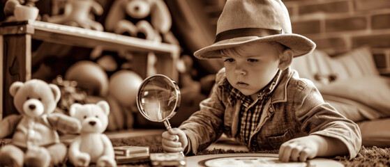 Young Detective Vintage Look, Magnifying glass toy inspection, Sepia mystery - obrazy, fototapety, plakaty