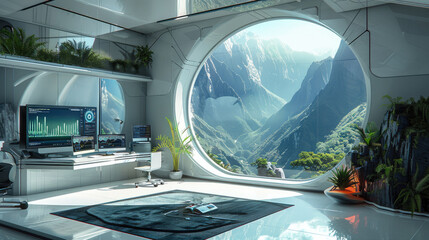 Cozy design studio with a big sci-fi window in a valley. there are computers, graphic tablets and minimalist screens. Generative AI.