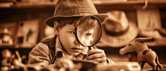 Young Detective Vintage Look, Magnifying glass toy inspection, Sepia mystery - obrazy, fototapety, plakaty