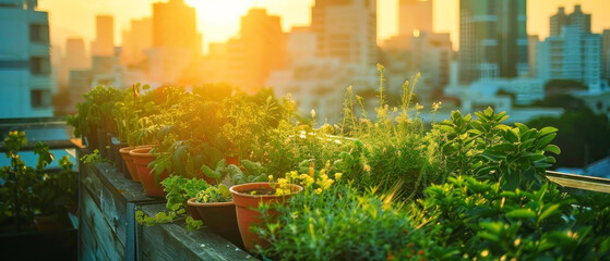 Rooftop Garden at Dawn, Urban nature meets city sunrise, Sustainability intersection