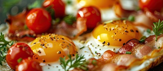 Obraz premium This close-up shot showcases a plate of food featuring delicious fried eggs accompanied by juicy cherry tomatoes. The eggs are perfectly cooked with crispy edges, while the vibrant red tomatoes add a