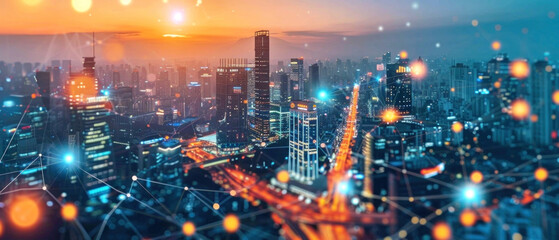 Smart City Skyline Drone, Technology integration aerial view, Urban planning future - obrazy, fototapety, plakaty