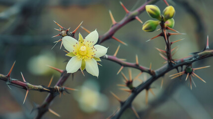 The delicate blossoms of a flower emerging amidst a thicket of thorns, offering a poignant reminder of beauty and resilience in the face of adversity.