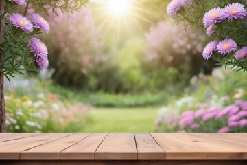 Empty wooden table for product display with aster garden background