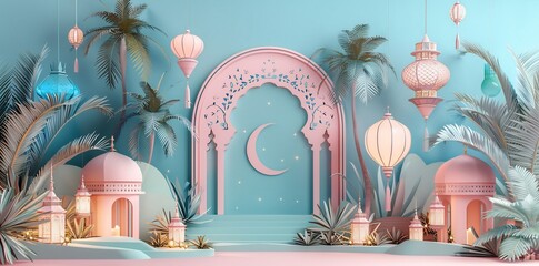 3d wallpaper of decorative wall and floor ramadan scene with plants and lanterns on the blue background