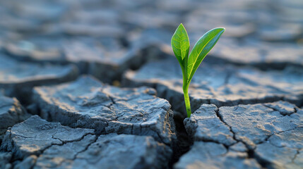 Seed Sprouting in Cracked Earth: A close-up of a small, green sprout emerging from cracked, dry earth, symbolizing resilience, hope, and the unstoppable force of new life
