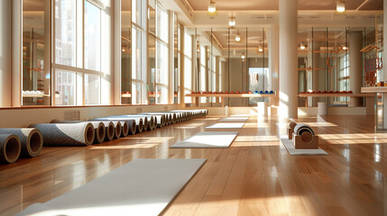 Bright and Airy Yoga Studio with Neatly Rolled Mats - obrazy, fototapety, plakaty