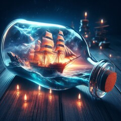 A majestic sailing ship rides tempestuous waves, encapsulated within a glass bottle, illuminated by candlelight. This fantastical image blurs the lines between reality and imagination.