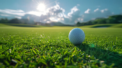 A golf ball sits on a grassy hill with a blue sky in the background. - Powered by Adobe