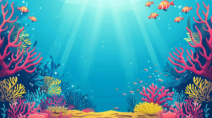 Fototapeta na wymiar under the sea colorful coral reef clownfish frame backdrop template with copy space
