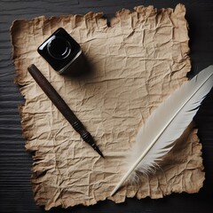 An aged parchment paper lies next to a quill and an open ink bottle, ready for writing. The setting evokes historical correspondence.