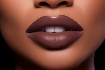 A image capturing the allure of perfectly painted coffee-colored matte lips, accentuating the curves and contours of the lips, a sense of glamour