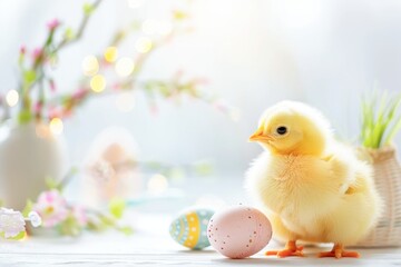 Baby Chick With Eggs and Flowers