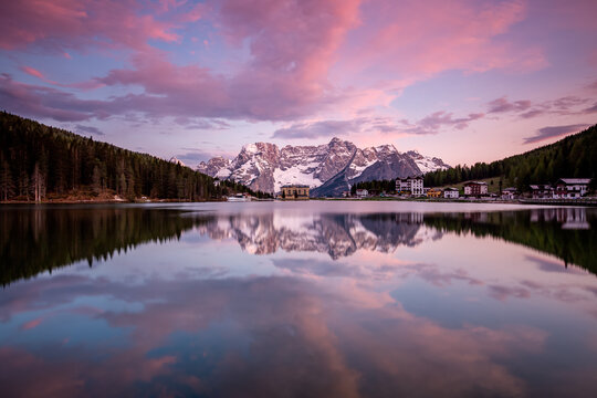 Stunning Sky Reflections At Lake Misurina, Dolomites, Italy