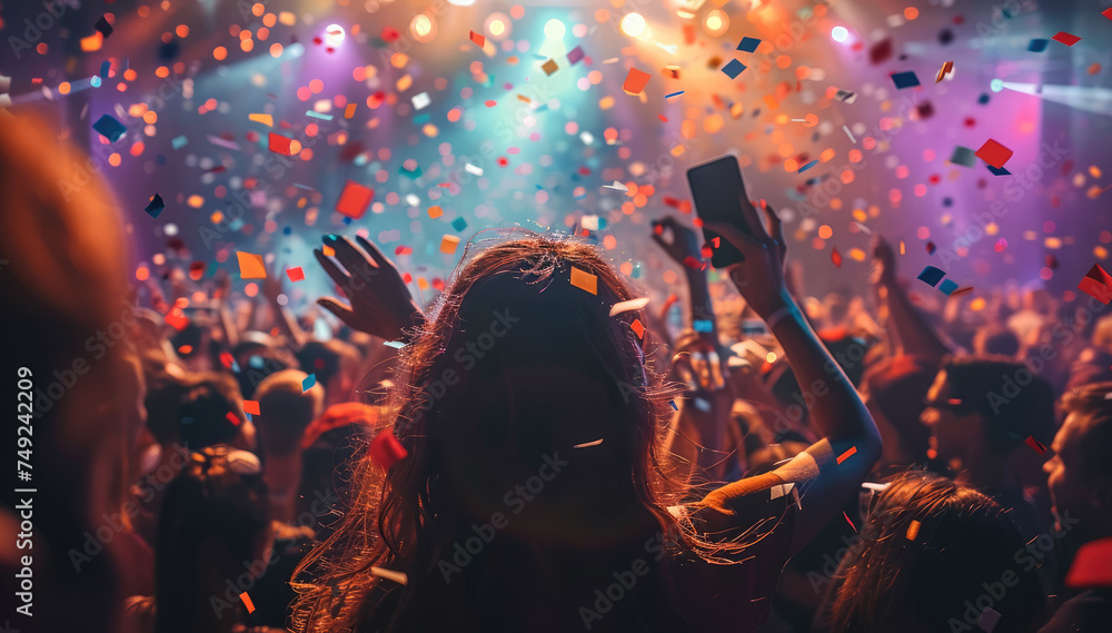 Poster crowd of celebrating people with colorful spotlights. confetti. back view. generative ai.