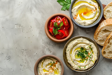 bowls of dip and bread with spices from above on concrete table background with copy text space