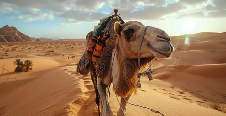  A camel carrying merchandise in the desert. Generative AI. © visoot