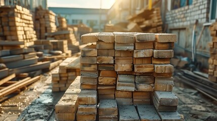 Concrete and brick, Organized stack of solid clay bricks for construction projects in a building yard. Generative AI.