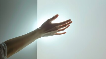 weathered hand reaches out to touch the cool surface of a light-colored wall