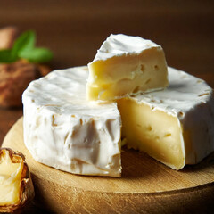 木製ボードの上のカットしたカマンベールチーズ