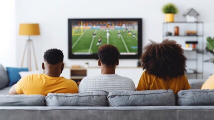 Happy african american football fans cheering team. Exited people watch super bowl game. Fun soccer match. Friends support players at home. Tv broadcast. Cozy interior. - obrazy, fototapety, plakaty