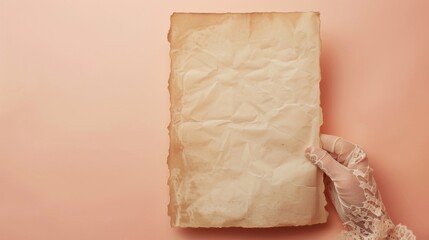 close-up view of a lace-gloved hand cradling a folded piece of paper, set against a pastel pink backdrop